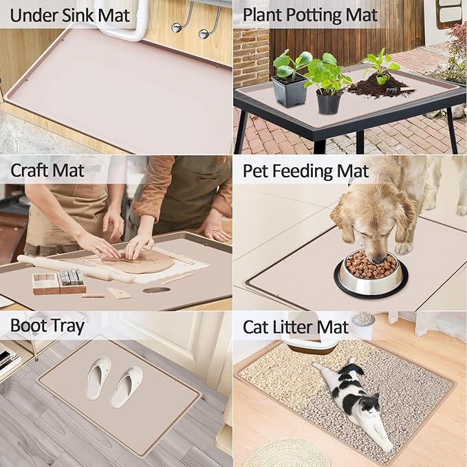 TOHONFOO Silicone Coffee Maker Mat with Lip, 19.7'' x 15'' Heavy Duty Coffee Maker Mat for Countertops, Coffee Tray Fit Under Coffee Machine Appliance Automatic Machines Espresso Accessory, Khaki