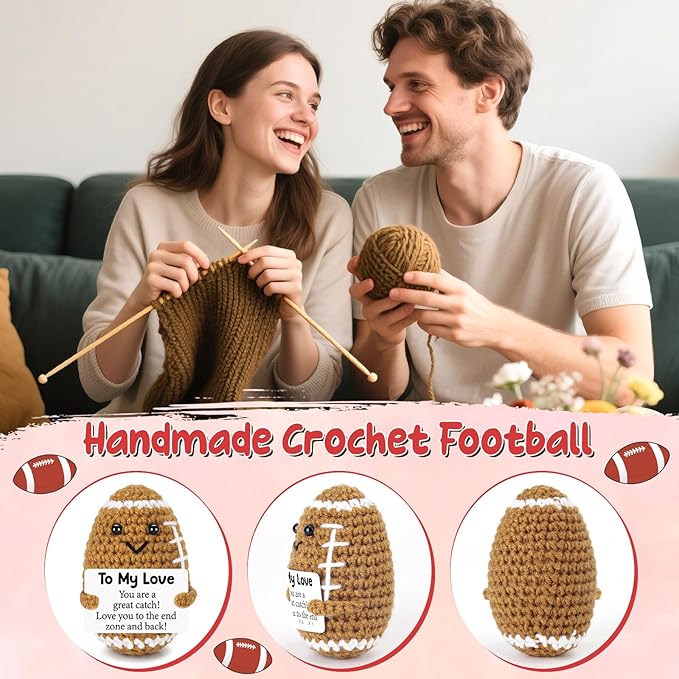 BiuNiuring Birthday Gifts for Him Her Boyfriend Girlfriend, to My Love Fathers Day Handmade Crochet Football, Cute Anniversary Present for Him, Mini Romantic I Love You Gifts for Husband Wife Couple
