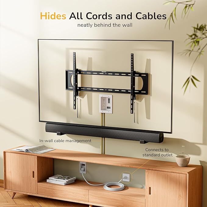 Mount-It! in-Wall TV Cable Management Kit – Dual Power Outlet with Dual USB Ports, Male Wall Plug and 5ft External & 9ft Behind The Wall Cords, Hand Saw – Safe Cable Management for TV
