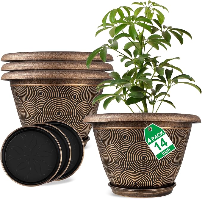 Fodetyff 14 Inch Large Planter Pot for Plants Indoor Outdoor, 4 Pack Plastic Flower Pots with Drainage Hole & Tray, Modern Decorative Garden Pot with Saucer, Plant Container for House