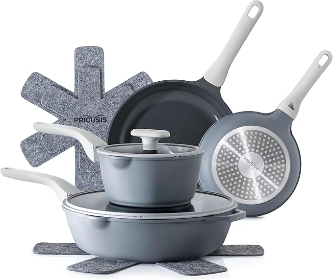 PRICUSIS Nonstick Pots and Pans Set, 9 Pieces Non Toxic Ceramic Nonstick Cookware, Healthy Omelete/Egg Skillet, Healthy Frying Pan, PTFE PFOA & PFAS Free, Induction Compatible, Blueberry Gray