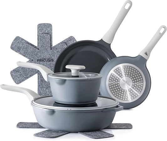 PRICUSIS Nonstick Pots and Pans Set, 9 Pieces Non Toxic Ceramic Nonstick Cookware, Healthy Omelete/Egg Skillet, Healthy Frying Pan, PTFE PFOA & PFAS Free, Induction Compatible, Blueberry Gray