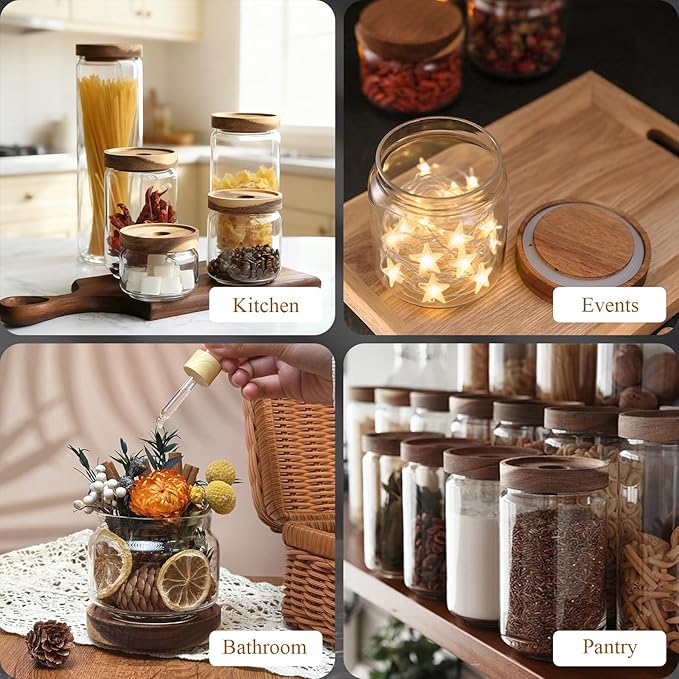Glass Jars with Airtight Wood Lids - 57 OZ Large Tall Kitchen Pantry Storage Containers, Decorative Canister for Pasta, Spaghetti, Fusilli, Noodles, Coffee Beans, Oats, Cereal, Tea, Nuts, Set of 2
