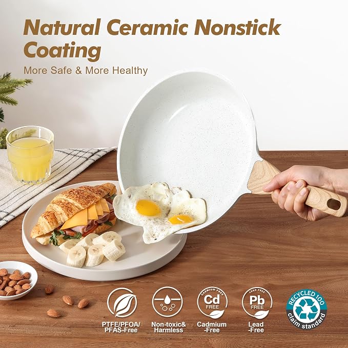 SENSARTE Ceramic Nonstick Frying Pan Skillets, White (8+11Inch with Lid) | Healthy ceramic nontoxic coating, PTFE & PFAS free. Compatible with all stoves including induction cooktops. Easy to clean.