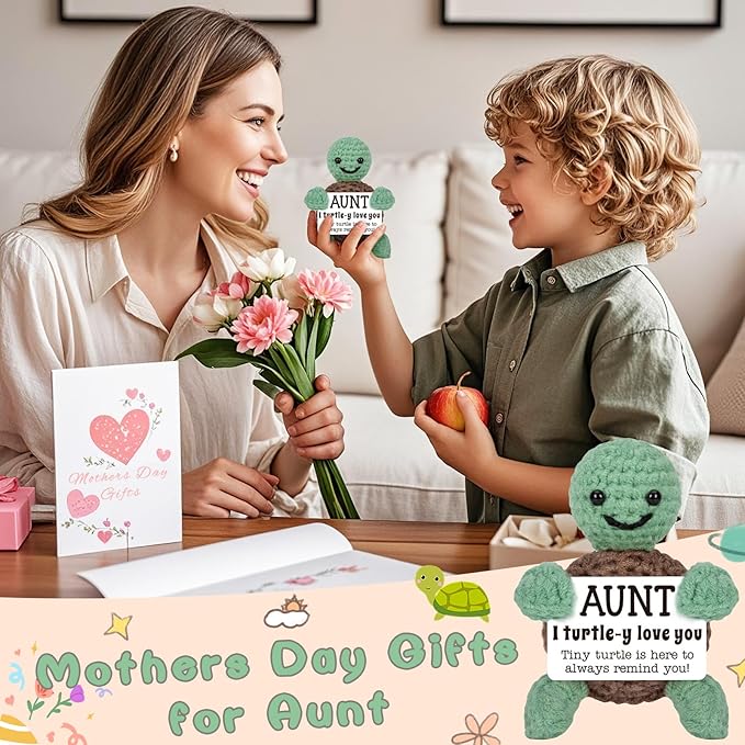 4THFARMES Mini Funny Turtle Aunt Auntie Gifts from Niece Nephew, Mothers Day Birthday Gifts for Aunt Auntie Gift Ideas, I Love You Small Cute Stuff Things, Handmade Emotional Positive Crochet Turtle