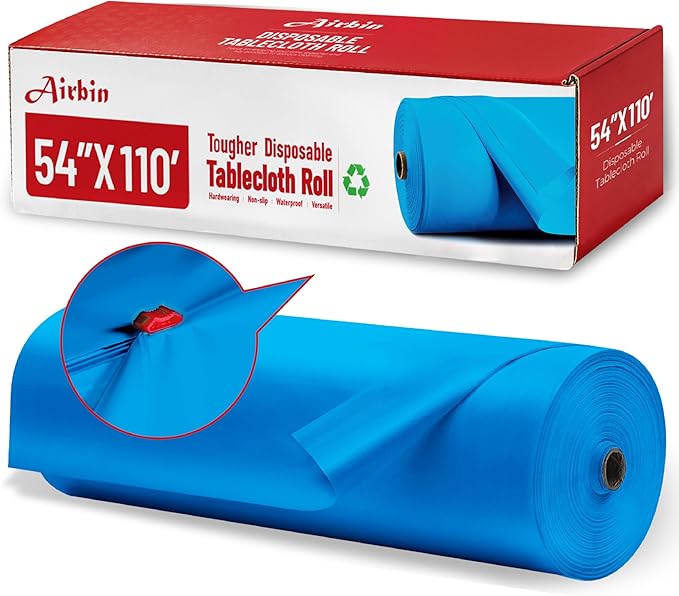 Plastic Table Cloth, 110 Ft X 54 in Disposable Tablecloth Blue Tablecloth Premium PEVA Plastic Table Cloth Disposable with Any Cut Sliding Cutters for Picnics, Parties, Birthdays, Festivals