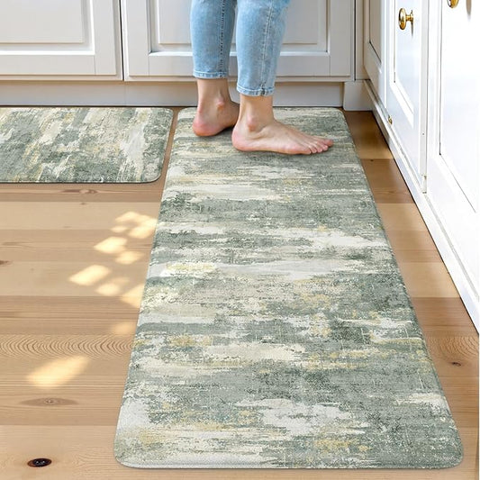 Collive Anti Fatigue Kitchen Mats, Grey/Green Abstract Kitchen Rugs Sets of 2 Non Slip Waterproof Standing Mat, Cushioned Comfort Desk Rug for Home Office, Sink, Laundry, 17"x29"+17"x47"