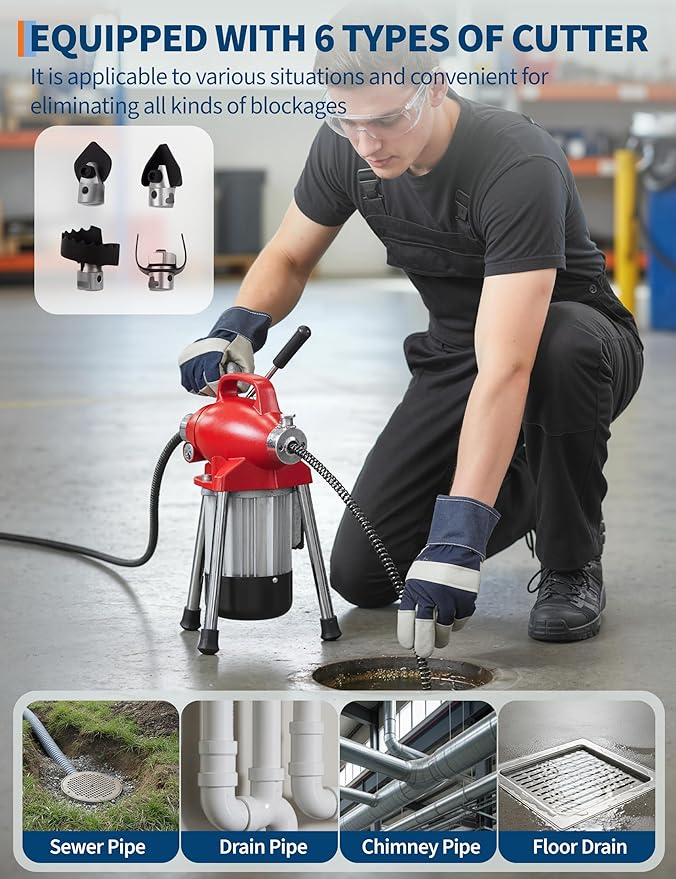 GarveeLife Electric Sewer Snake Drain Auger, Drain Cleaner Machine with 66FT x 5/8" & 16FT x 3/8" Steel Cables, 7 Cutters, 500w Power Auto Feed Pipe Snake for 3/4" to 4" Pipes for Sink Toilet Drainage