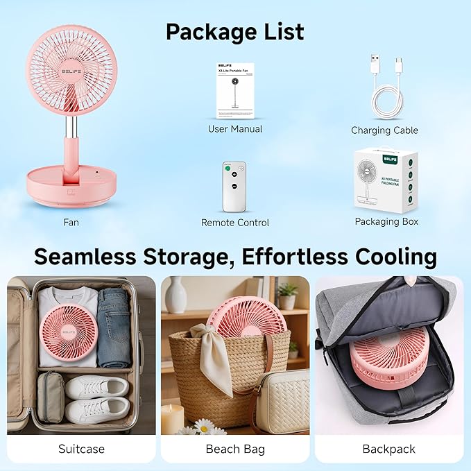 Belife X8 Portable Fan, 7200mAh Battery Powered Rechargeable, Oscillating USB Desk Floor Fan with Remote, Foldable Telescopic Fan for Home Bedroom Sleeping Office Camping Travel, 7.7" (Pink)