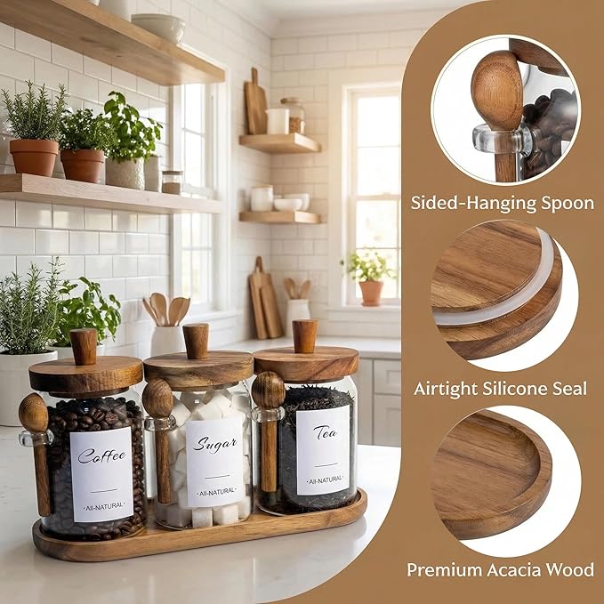 3-Pack 20oz Glass Coffee Container Set - Clear Airtight Canister with Wooden Lid Spoon Tray Labels, Food Storage Jar for Coffee Bean, Tea, Sugar, Housewarming Gift