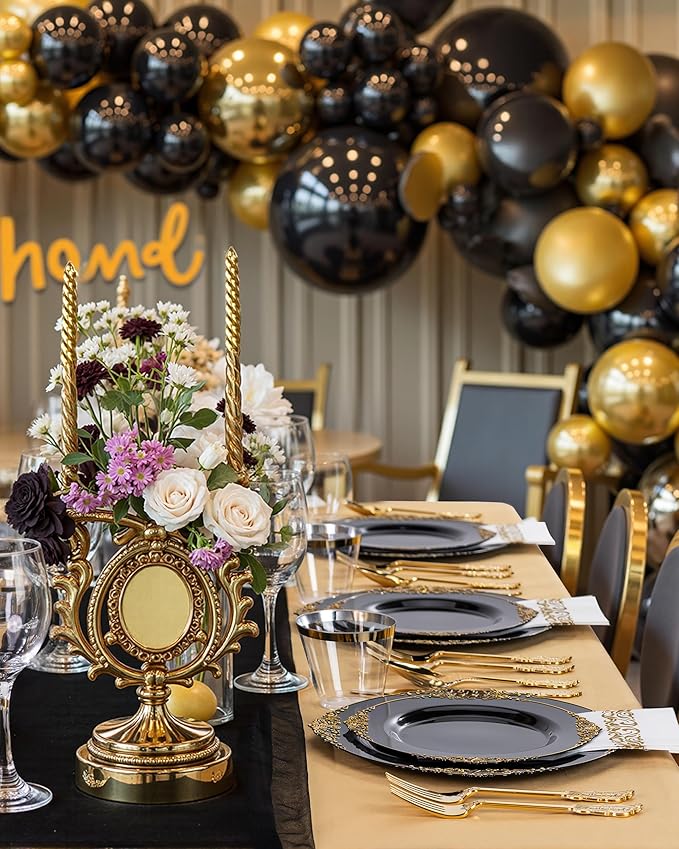 Nervure 350PCS Black Plastic Plates - Black Plastic Dinnerware Sets for 50 Guests - 100 Disposable Plates, 150 Gold Silverware, 50 Cups, 50 Napkins for Wedding & Party & Graduation & Retirement