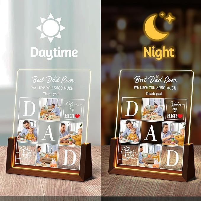 Personalized Dad Gifts For Fathers Day, Custom Fathers Day Birthday Christmas Gifts From Daughter Son Wife Kids, Acrylic Light Up Picture Frame Plaque With Photo Name, Customized Best Dad Ever Gift