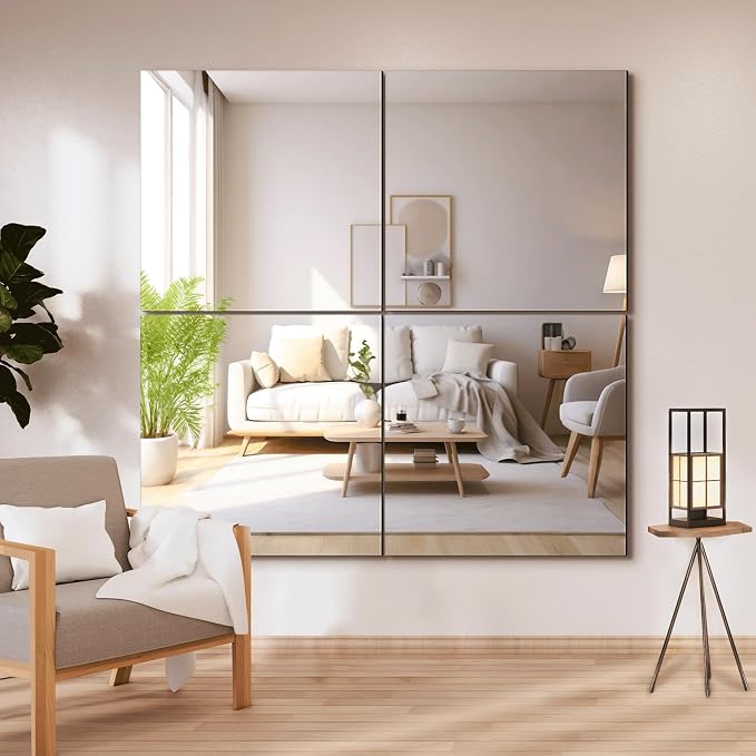 Delma Frameless Mirror Tiles 22"x22"x4 Pcs Wall Mounted | Shatter Resistant, Full Length Tempered Glass Panels, For Home Gym Bathroom Bedroom & Living Room Decor