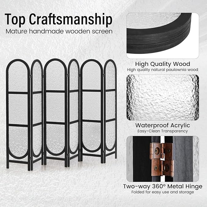 Acrylic Room Divider 6 Panel 67" Tall Arched Room Divider and Privacy Screen with Solid Paulownia Wood Frame, Freestanding Partition Divider for Room Separation, Home, Bedroom - Black