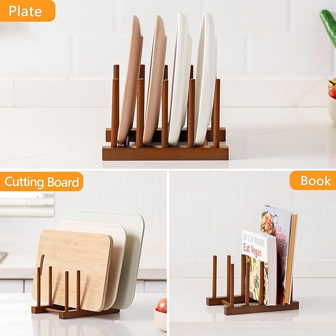 HBlife 4pcs Teak Dish Plate Bowl Cup Book Pot Lid Cutting Board Drying Rack Stand Drainer Storage Holder Organizer Kitchen Cabinet（Keep Dry）
