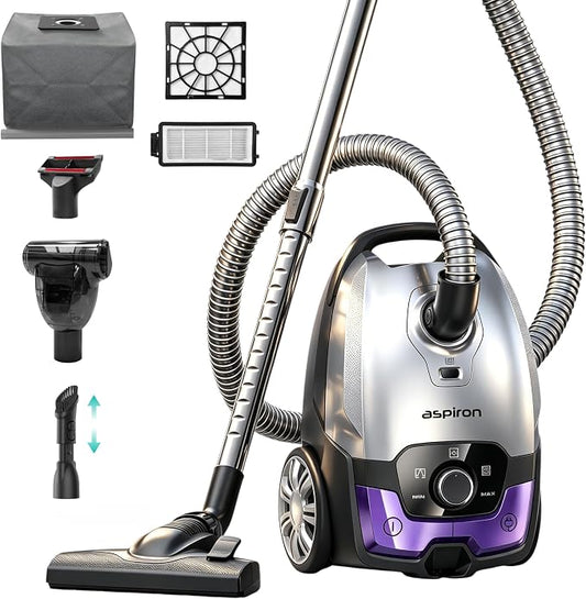 Aspiron Canister Vacuum,1700W/45KPA Bagged Vacuum Cleaner,6QT Large Capacity,Auto Cord Rewind,HEPA Filter,Low Noise,8M Cleaning Radius,Variable Power Control,Easy to Push,Hard Floor,Pet,Carpet