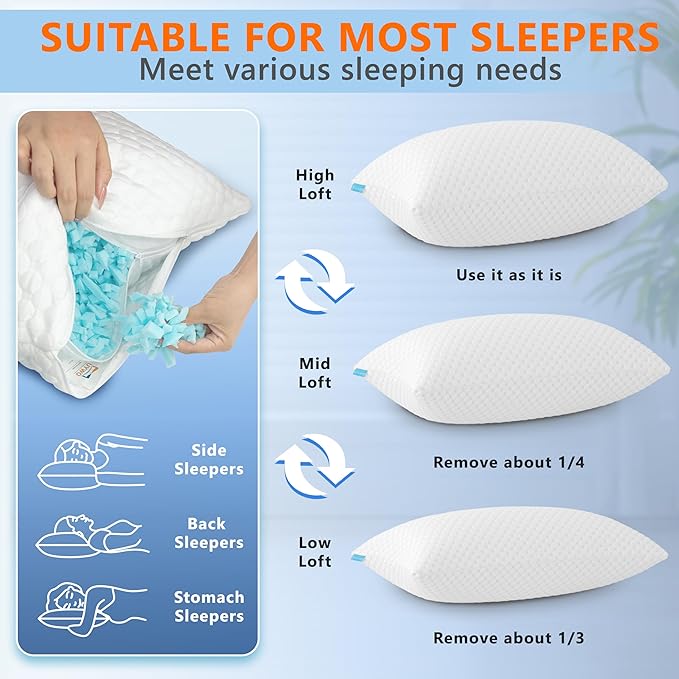 UYWO Cooling Pillows Standard Size Set of 2, Memory Foam Pillows with Zipper, Firm Bed Pillows Adjustable for Hot Side Back Stomach Sleepers