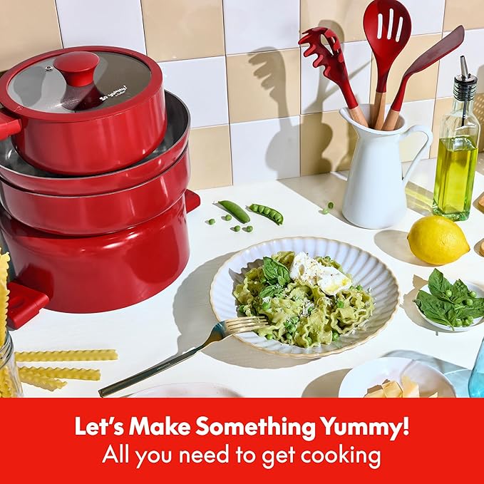 So Yummy by bella 12 Piece Cookware Set w EverGood™ Ceramic Nonstick Coating and Silicone & Wood Utensils, Dishwasher Safe Silicone & Glass Lids, Oven Safe & All Stovetop Compatible, Red