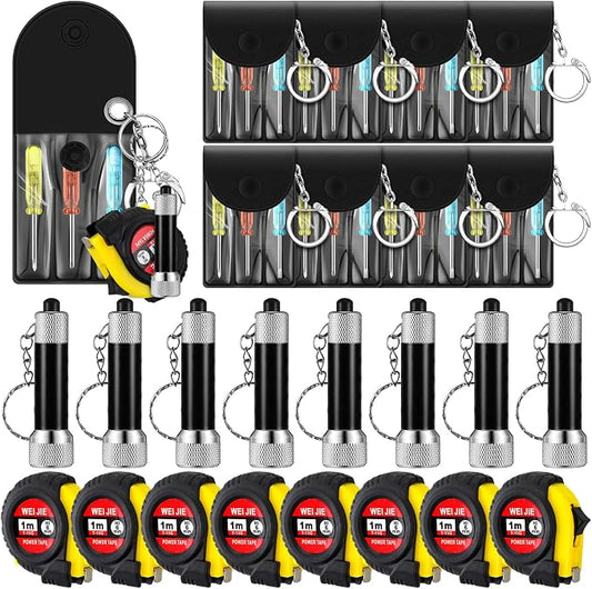 Jutom 36 Pcs Mini Tape Measure Keychain Screwdriver LED Light Keychain Bulk Men Adult Tool Party Gifts Prize for Man Father's Day Housewarming Gifts Adult Useful Tool Favors (Black)