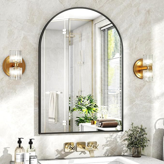 XRAMFY 20"x30" Black Arched Bathroom Mirror - Wall Mirror for Bathroom, Metal Frame Vanity Mirror, Dresser Mirror, Arch Decorative Mirrors for Living Room, Bedroom, Entryway, Mantle