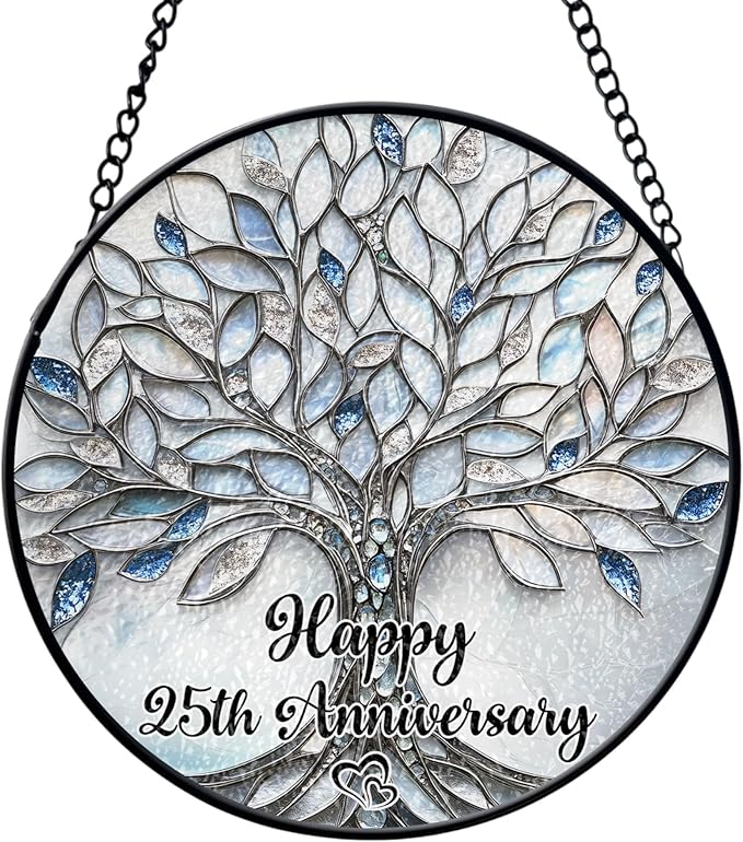 25th Wedding Anniversary Faux Stained Glass Suncatcher, 25 Years Marriage Keepsake Ornament, Silver Wedding
