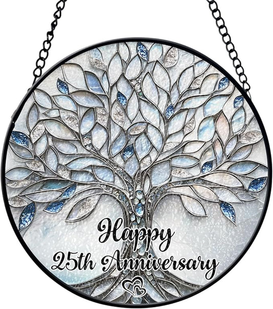 25th Wedding Anniversary Faux Stained Glass Suncatcher, 25 Years Marriage Keepsake Ornament, Silver Wedding