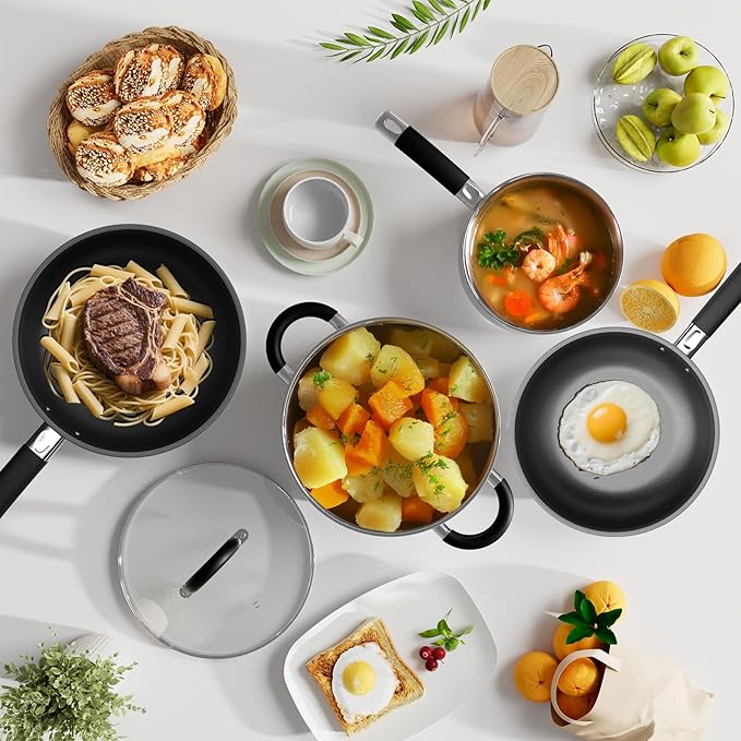 Pots and Pans Set Non Stick, Stainless Steel 5 Ply Base Cookware Set, Frying Pans, Quickly Heat Up Fix All Stove Induction Cookwares, Dishwasher Safe, Warminghouse Gift