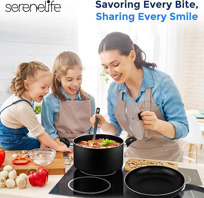 SereneLife Kitchenware Pots & Pans Basic Kitchen Cookware, Black Non-Stick Coating Inside, Heat Resistant Lacquer (15-Piece Set), One Size