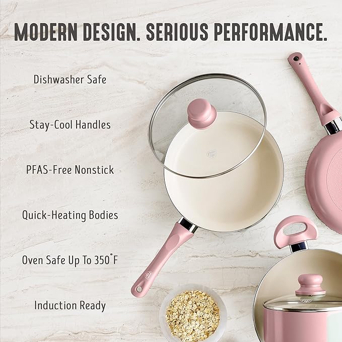 GreenLife 16-Piece Nonstick Cookware Set, Non-Toxic Ceramic Pots and Pans Set, Durable Healthy Kitchen Essentials, Fast Heating, Induction Ready, Easy Clean Dishwasher Safe, PFAS-Free, Blush Pink