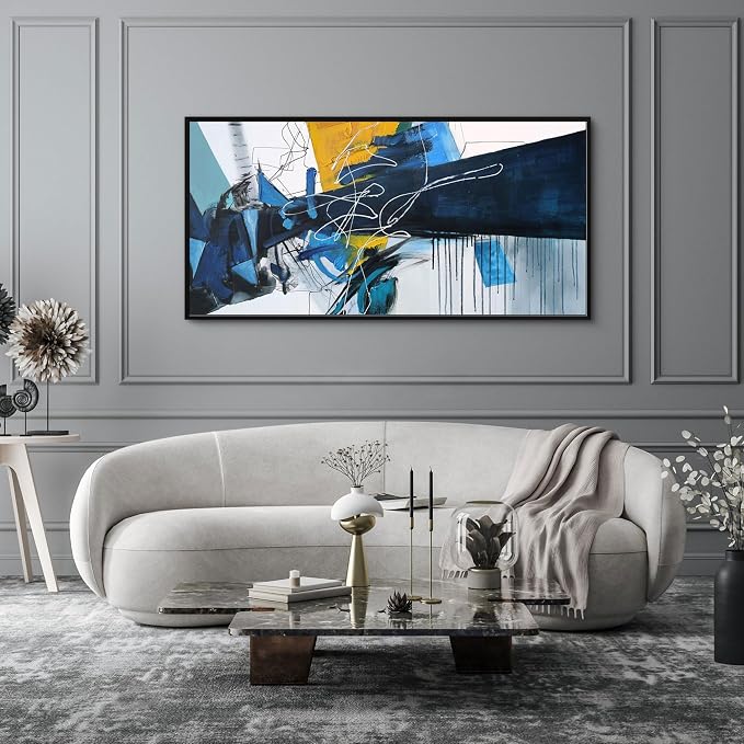 KLAKLA Wall Art for Living Room - Blue Abstract Canvas Pictures Framed Artwork for walls Extra Large Prints for Bedroom Above the Bed Decor 24x48 Inches