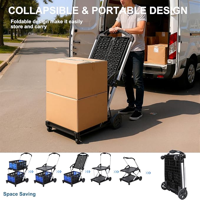 Collapsible Shopping Cart with Wheels, Heavy Duty Grocery Cart with 2 Storage Crates, Two Tier Portable Utility Carts Shopping Trolley for Picnic, Supermarket, Office,Warehouse 2026 Upgraded (Blue)