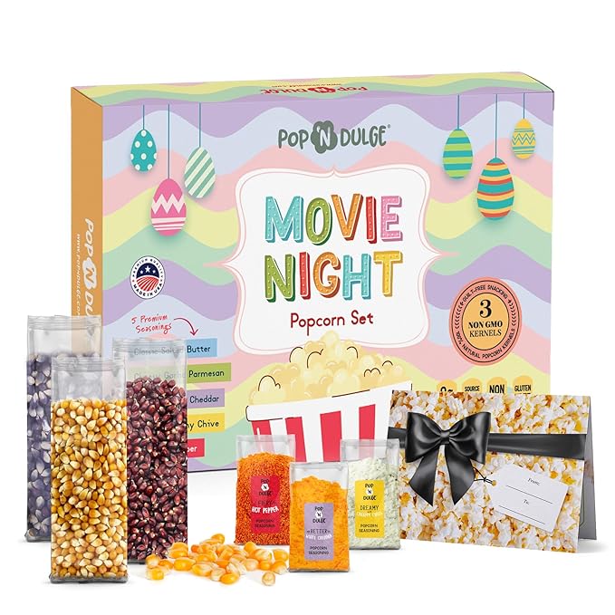 Easter Basket Stuffers Movie Night Popcorn Gift Set, Gourmet Popcorn Seasoning Variety Pack and Kernels, 3 Color Kernels and 5 Flavorings, Non-GMO, Gluten Free, Family Easter Gifts For Teens, Kids, Adults, 10 Pack