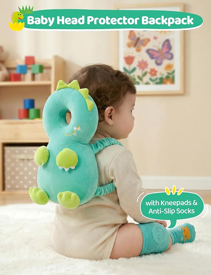 JunNeng Toddler Baby Head Protector Backpack for Toddler Walker with Knee Pads&Anti-Slip Socks, Dinosaur Green