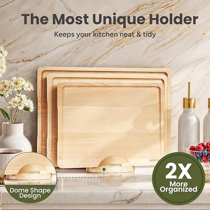 SMIRLY Wood Cutting Boards for Kitchen Wooden Chopping Board Set Reversible with Deep Juice Grooves Grip Handles, Large Charcuterie Tray for Home Kitchen, Natural Birch, 3Pcs with Holder