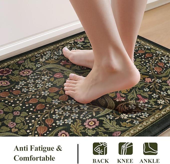 Collive Anti Fatigue Kitchen Mats, Spring Green Floral Kitchen Rugs Sets of 2 Non Slip Waterproof Standing Mat, Washable Vintage Comfort Desk Rug for Office, Sink, Laundry, 17.3"x29"+17.3"x47"