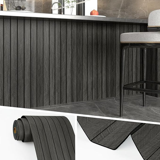 Wallercity 3D Gray/Black Wood Panels for Walls Self Adhesive Wood Slat Wall Paneling for Bedroom Bathroom Thick Peel and Stick Flexible Wooden Wall Panel for Living Room Kids Room Ceiling 11.7''x118''