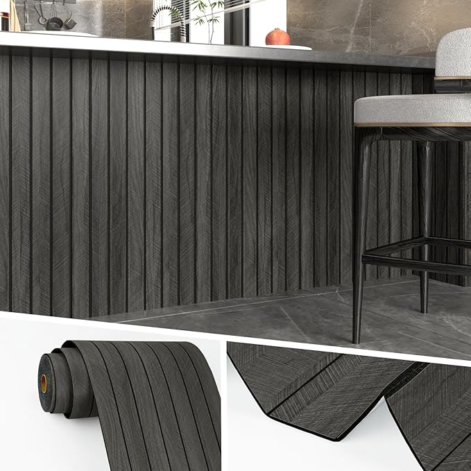 Wallercity 3D Wood Black/Grey Wall Panels Wood Slat Acoustic Panel for Walls & Ceiling Peel and Stick Textured Sound Absorbing Panel for Bedroom Living Room Vinyl Waterproof Fence Paneling 11.7x197 IN