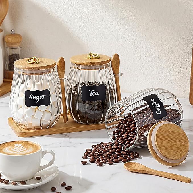 Suclain 3 Pcs Coffee Tea Sugar Container Set 40oz Glass Jars with Wooden Lid Spoon Shelf Labels Airtight Sugar Canister Metal Handle Farmhouse Coffee Bar Kitchen Food Storage for Spice Powder(Oval)