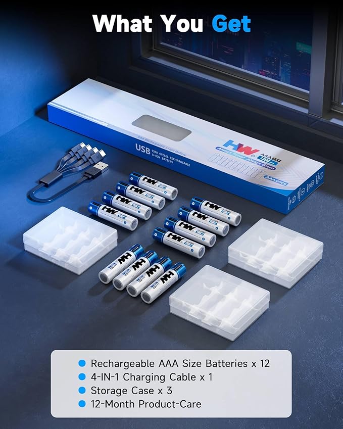 HW AAA Rechargeable Battery 12-Pack, 1.5V 1300mWh Triple A Batteries with USB-C Cable, 1000 Cycles Lithium Batteries for Remote Controls, Wireless Mouse, LED Flashlights, Electronic Toys, etc.