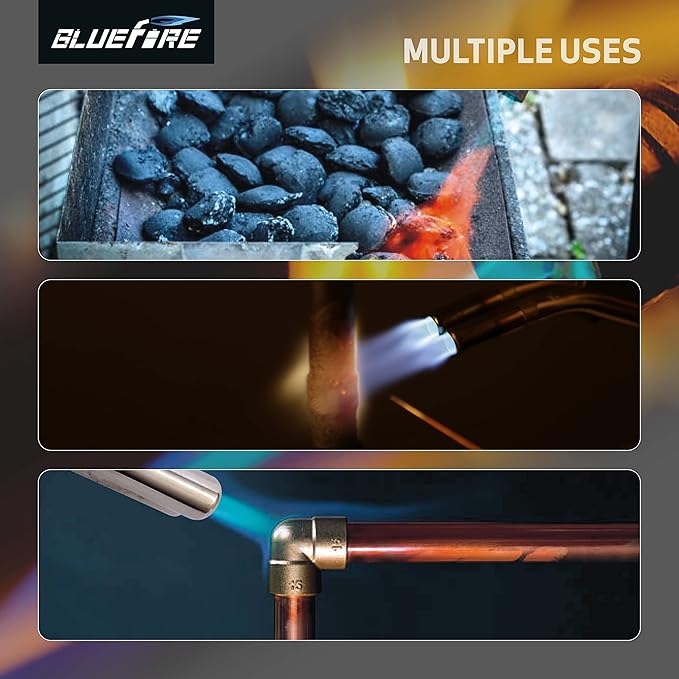 BLUEFIRE HZ-8150 Double Heads Swirl Flame Self-Ignition Hosed Turbo Torch 5' long Hose Trigger Start MAPP MAP Propane Welding Blowtorch Nozzle for brazing large diameter copper pipes, Torch Only