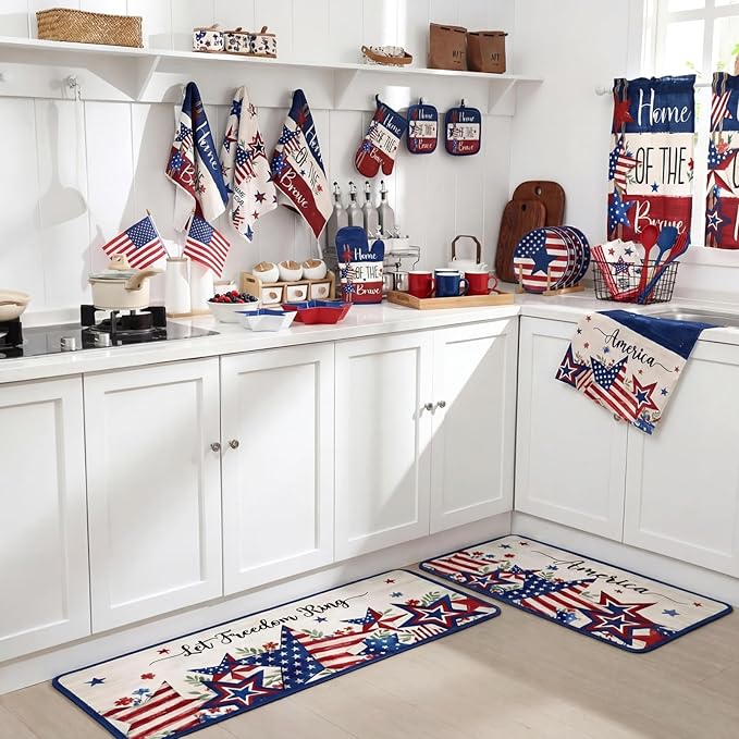 Fourluoo 10 Pcs 4th of July Kitchen Decor and Accessories Red Blue and White Oven Mitts and Pot Holders Set Dish Towels Patriotic Independence Day Kitchen Decor for Chef Baking Cooking BBQ Women Gift