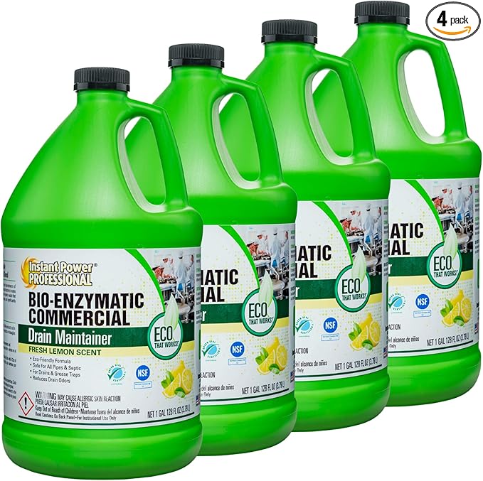 Instant Power Commercial Drain Maintainer - Drain Cleaner Liquid, For Sink Drains, Toilet Clogs, and Grease Traps, Made in USA, Clog Remover Liquid - 1 Gallon 4 Pack