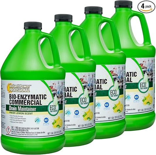 Instant Power Commercial Drain Maintainer - Drain Cleaner Liquid, For Sink Drains, Toilet Clogs, and Grease Traps, Made in USA, Clog Remover Liquid - 1 Gallon 4 Pack