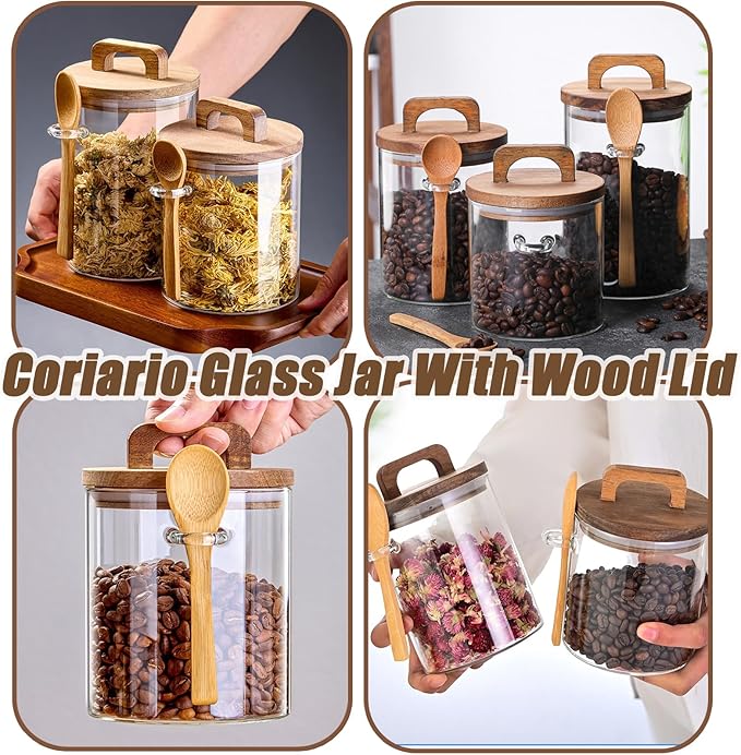 Coriario 27 OZ Glass Jar with Airtight Lid Spoon Clear Glass Coffee Jars Wooden Handle Lids Wide Mouth Glass Storage Canister for Food Candy Kitchen