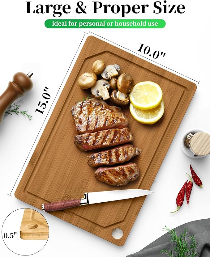 Kitsure Bamboo Cutting Board - Multi-Sizes Wooden Cutting Boards for Kitchen, Convenient Kitchen Essentials with Deep Juice Grooves, Cutting Board for Chopping & Serving, Large, Brown