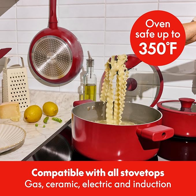 So Yummy by bella 12 Piece Cookware Set w EverGood™ Ceramic Nonstick Coating and Silicone & Wood Utensils, Dishwasher Safe Silicone & Glass Lids, Oven Safe & All Stovetop Compatible, Red