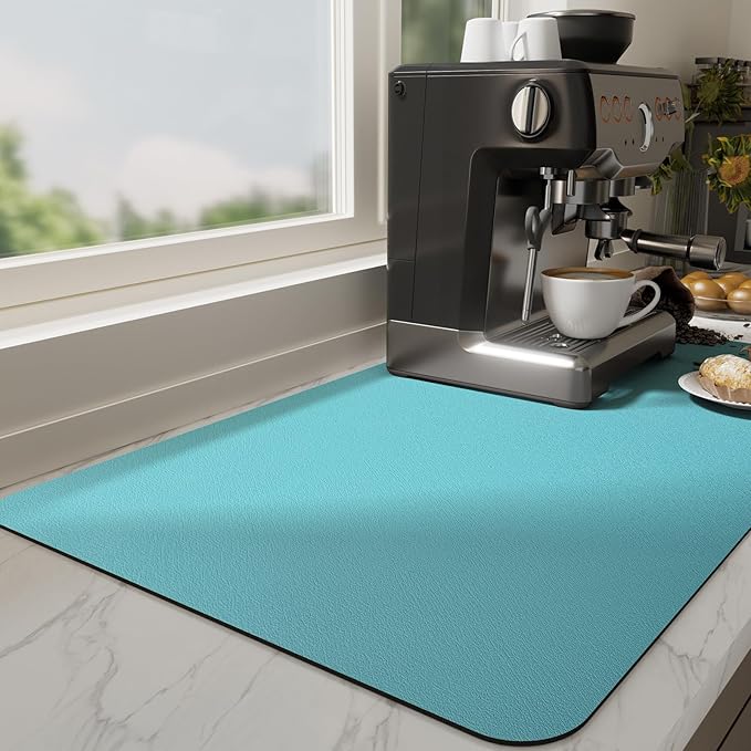 Ecotrim Absorbent Coffee Mat , Stain Hiding PU Leather Surface, Non-Slip Natural Rubber Backing, Quick Dry Mat for Espresso Machine, Kitchen Counter ,Turquoise | 12" x 19"