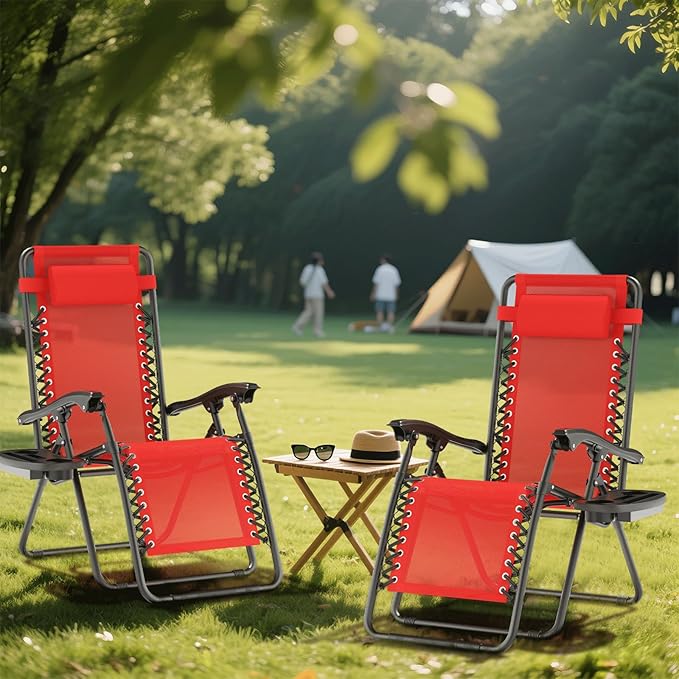 Zero Gravity Chair, Portable Outdoor Chair, Reclining Patio Lounge Chair with Adjustable Pillow and Cup Holder Trays for Outdoor, Patio, Beach, Camping, Garden, Poolside, 2 Pack, Red