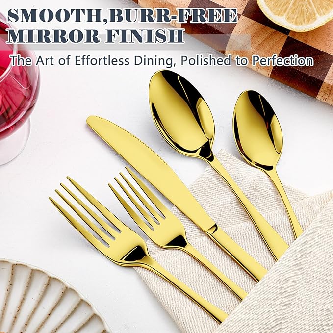 BEWOS 49-Piece Gold Silverware Set with Organizer - Stainless Steel Silverware Set for 8 with Drawer Organizer, Mirror Polished Flatware Set for Home and Restaurant, Dishwasher Safe
