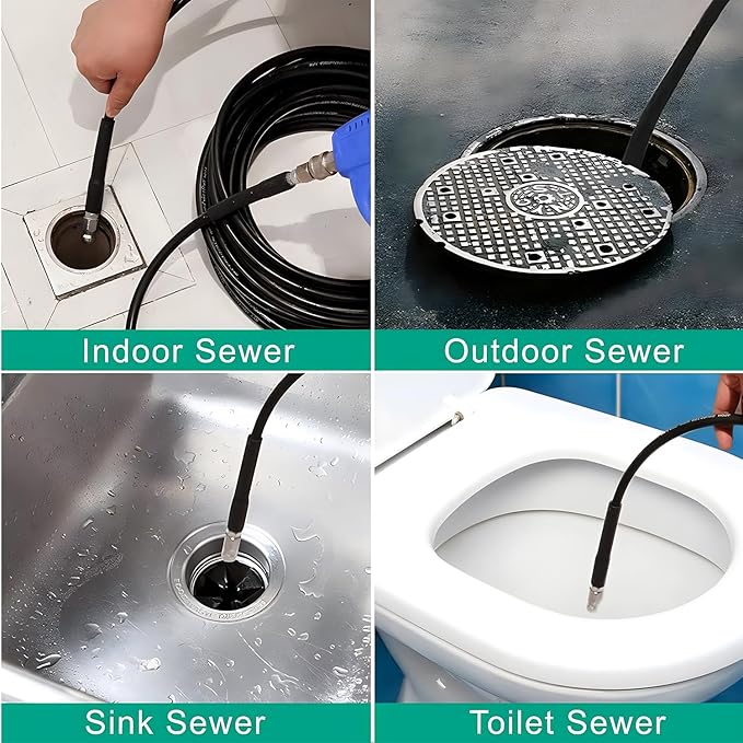Selkie Pressure Washer Sewer Jetter Kit - 50Ft X1/4" Hydro Drain Jetter Cleaner Hose, Corner, Rotating and Button Nose Sewer Jetting Nozzle Waterproof Tape,Orifice 4.0 4.5,1/4 Inch NPT,5800 PSI